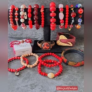 Red Multi-Bead & Mixed Accent Bracelet/Bangle Bundle